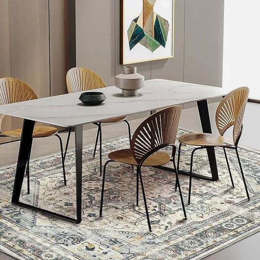 Area Rug 5'x7' Cyan Khaki Washable Vintage Traditional Floor Cover Thin Retro Kitchen Indoor Distressed Non Slip Carpet for Living Room Bedroom Dining Room