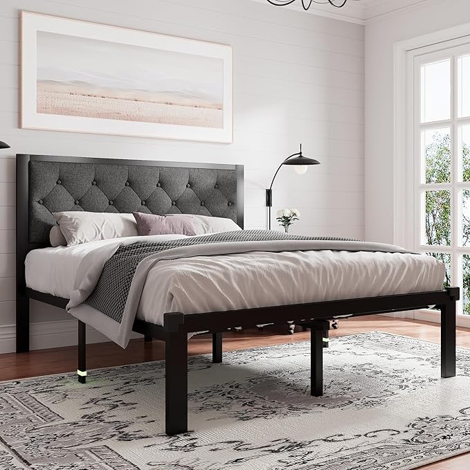Feonase Queen Size Metal Bed Frame, Heavy-Duty Platform Bed Frame with Linen Upholstered Headboard, 12" Under-Bed Space, Steel Slats Support, No Box Spring Needed, Gray