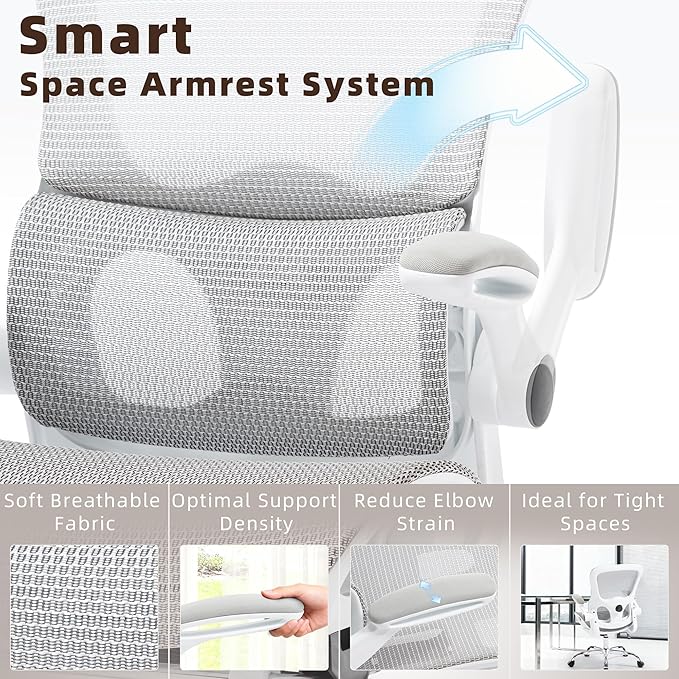 Office Chair, Ergonomic Desk Chair with Adjustable High Back 2D Lumbar Support Flip-up Armrests, Executive Breathable Mesh Comfy Swivel Rolling Computer Task Chair for Home Office Study Work Gaming