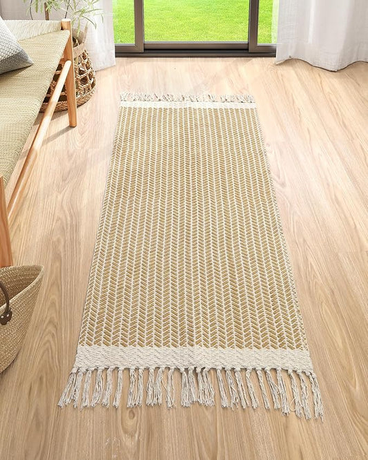 Lahome Boho Kitchen Runner, 2x4.3 Bathroom Runner Rug Lightweight Entryway Rugs Woven Cotton Throw Mat with Tassels, Farmhouse Non Shedding Washable Rug Low Pile Runners for Bedroom Doorway, Khaki
