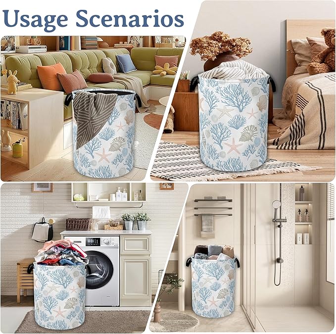 Starfish Coral Shells Laundry Hamper With Handle,Foldable Oxford Cloth Ocean Laundry Basket,20.8"x16" Clothes Storage Basket for Laundry Room/Bedroom/Bathroom