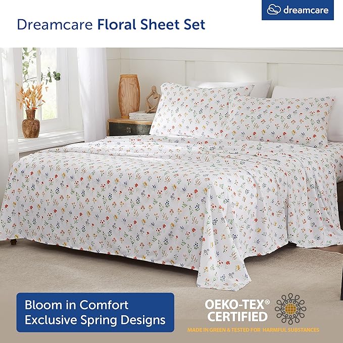 DREAMCARE Queen Size Sheets - Cooling Bed Sheets - 4pcs Set - Queen Sheet Set - Sheets Queen Size Bed - Queen Size Sheet Sets - Soft & Long Lasting 100% Fine Brushed Floral Sheets - Multi Floral DREAMCARE