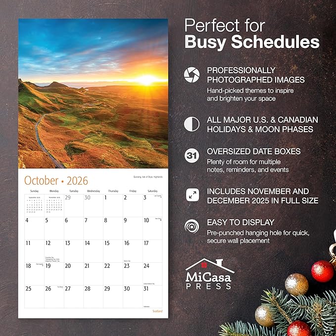 MICASA PRESS Scotland 2026 Wall Calendar 12 Month | 12" x 24" Open | Thick & Sturdy Paper | Holiday Gift | Scottish Castles Travel Calendar 2026