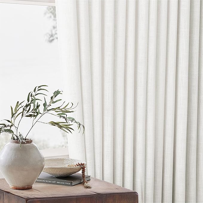 Ivory White Pinch Pleated Extra Wide Linen Curtains 84 Inches Long for Patio Sliding Glass Door 70 Inch Wide Pleated Drapes with Hooks Rings Semi Sheer 70x84 Curtain for Living Room 1 Panel