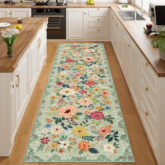 DUKINO 3x10 Runner Rug for Hallway, Washable Kitchen Floral Runner Rug with Non Slip Backing, Low Pile Soft Boho Carpet for Kitchen, Hallway, Entryway, Laundry, Bedroom, Green