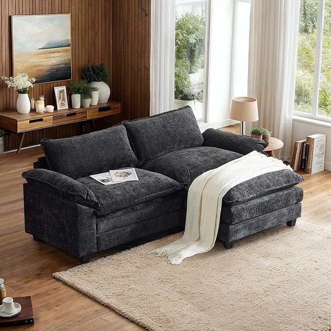 VINGLI 87" Convertible Sectional Sofa,L-Shape Deep Seat Sofa Couch for Living Room,Modern Chenille 2 Seat Loveseat Sofa with Ottoman for Small Space(Black, 87")