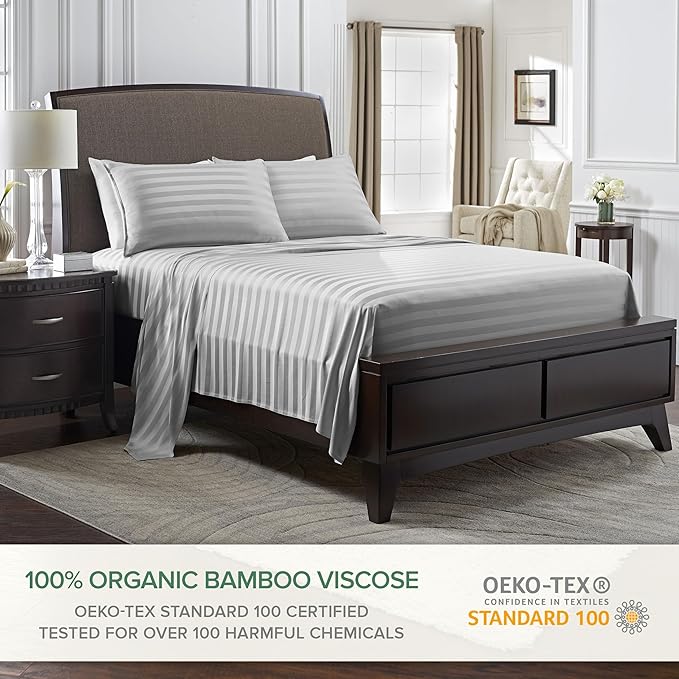 Pure Bamboo Twin Sheets, Genuine 100% Organic Viscose Derived from Bamboo Bed Sheet Set, Luxuriously Soft & Cooling, Double Stitching, 2 Year Quality Promise (Twin, Jacquard Silver)