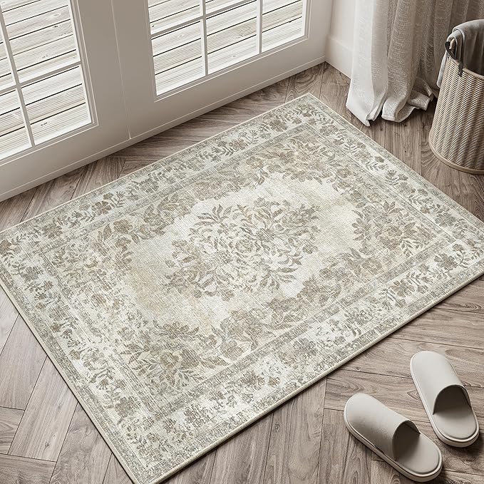 2x3 Area Rug Beige Washable Entryway Door Mat Indoor Vintage Medallion Floral Carpet Kitchen Bathroom Distressed Entrance Retro Small Non Slip Accent Throw Bedroom Office Dining Living Room