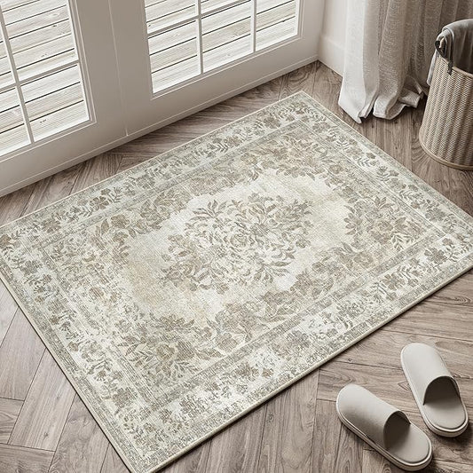 2x3 Area Rug Beige Washable Entryway Door Mat Indoor Vintage Medallion Floral Carpet Kitchen Bathroom Distressed Entrance Retro Small Non Slip Accent Throw Bedroom Office Dining Living Room