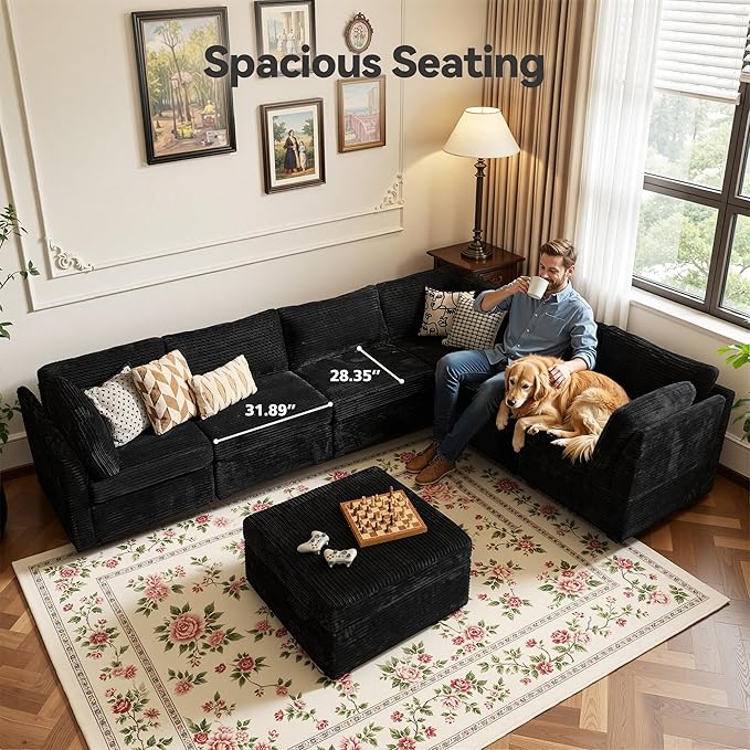 Large 7 Seat Modular Sectional Sofa with Ottoman Seat Corduroy Sleeper Sectional Sofa Bed Oversized Convertible Modular Couch for Living Room
