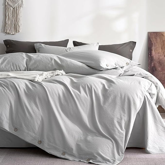 JELLYMONI 100% Washed Cotton Duvet Cover Queen – Soft, Breathable Linen-Look Bedding with Natural Wrinkle Texture, Button Closure, 3-Piece Set (Pale Grey, 90"x90")