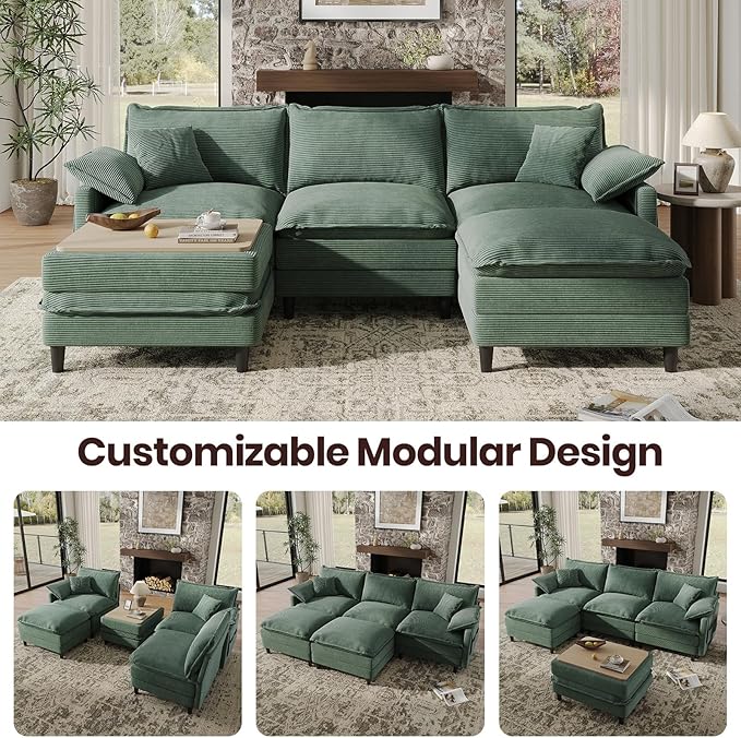 108" U Shaped Modular Sectional Cloud Couch with Two Ottoman, Snap-on Easy Installation 5-Piece Deep Seat Sofas with Storage Bag and Coffee Table for Living Room, Corduroy, Green