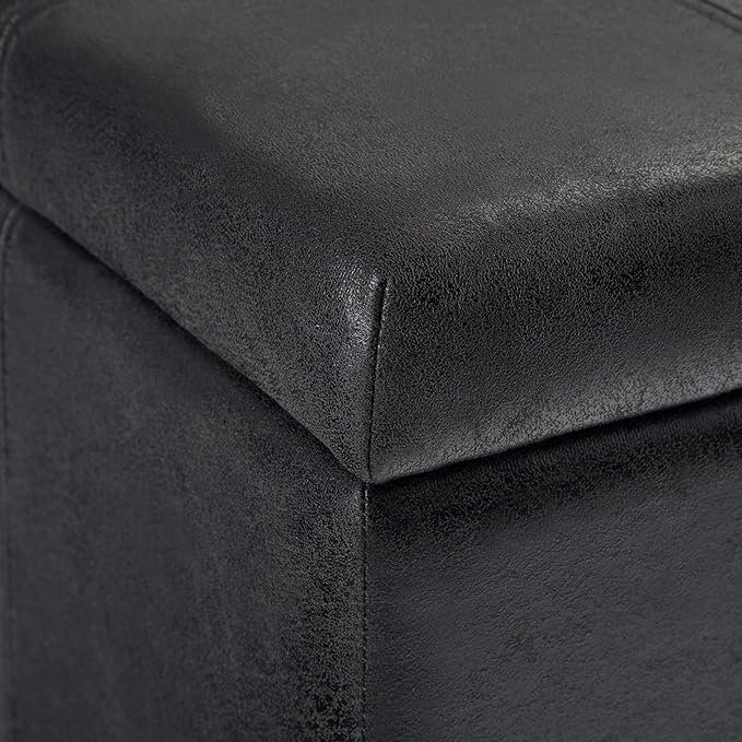 SIMPLIHOME Dover 36 inch Wide Contemporary Rectangle Storage Ottoman Bench in Distressed Black Vegan Faux Leather, Assembled, For the Living Room, Entryway and Family Room