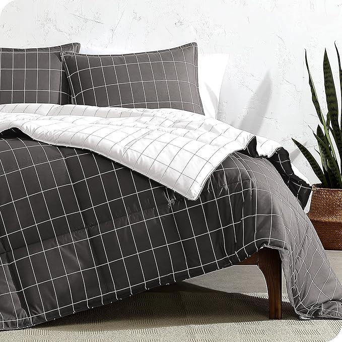 Bare Home Bed-in-A-Bag 7 Piece Comforter & Sheet Set - King - Goose Down Alternative - Ultra-Soft 1800 Premium Bedding Set (King, Grid - Grey/White Comforter Set, White Sheet Set)