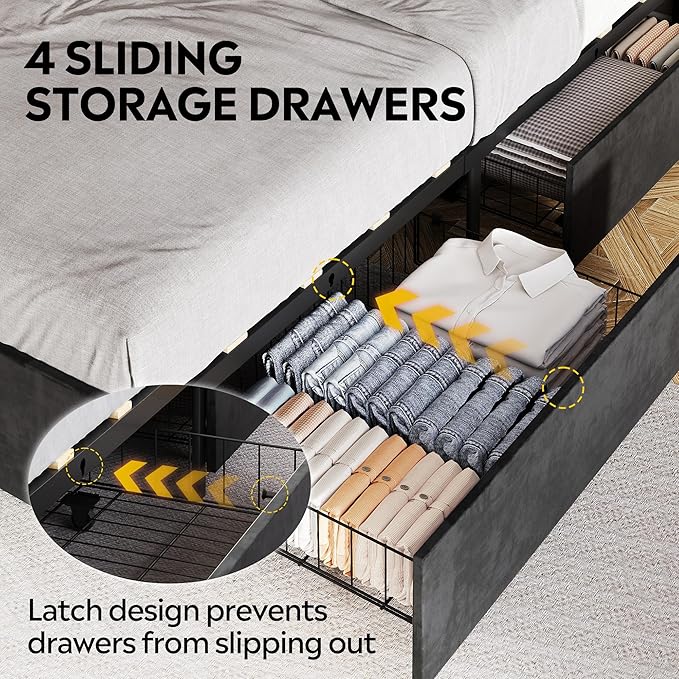 WLIVE Queen Size Upholstered Bed Frame with 4 Storage Drawers and Headboard, Velvet Platform Bedframe, Sturdy Metal & Wooden Slats Support, No Box Spring Needed, Easy Assembly, Black