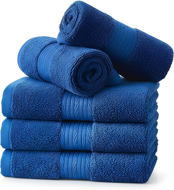 Ample Decor Washcloths Set of 5 12 X 12 Inch 100% Cotton 600 GSM, Soft Absorbent and Reusable Fingertip Towels, Ideal for Bathroom, Powder Room - Navy Blue