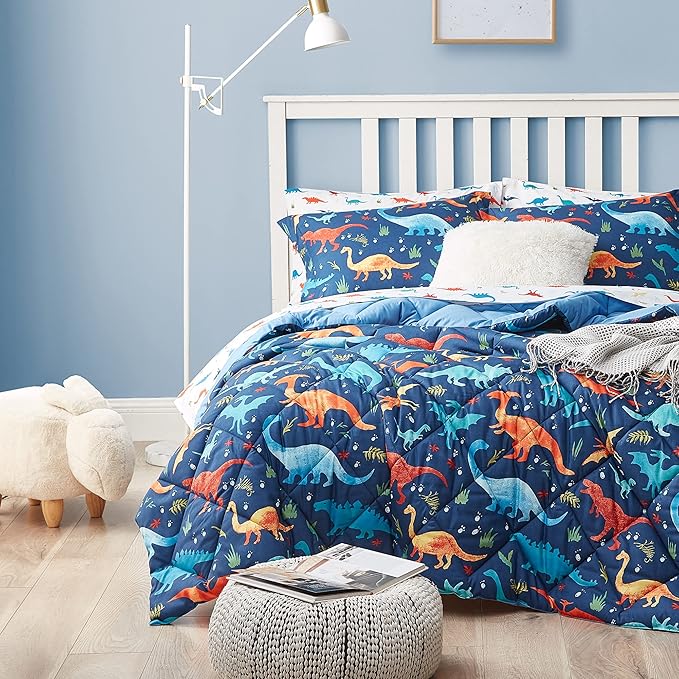 Dinosaur Kids Bedding Set for Boys, 5 Pieces Twin Size Comforter Set with Sheets, Super Soft Lightweight Bed in a Bag, Durable Children Bed Set
