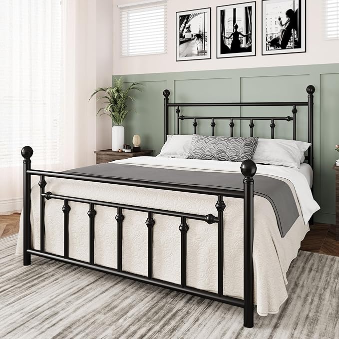 Allewie 14 Inch Full Size Metal Platform Bed Frame with Victorian Vintage Headboard and Footboard/Mattress Foundation/Under Bed Storage/No Box Spring Needed/Easy Assembly/Noise Free/Black