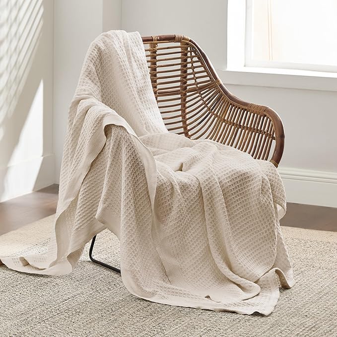 Bedsure Gentlesoft 100% Cotton Large Throw Blanket for Couch 50x70 inches - Breathable and Soft, Waffle Weave Throw Blanket for Office, Light Beige