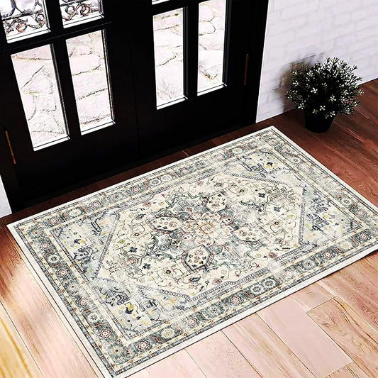 2'x3' Cyan Khaki Area Rug Washable Door Mat Vintage Distressed Doormat Indoor Entrance Traditional Thin Floral Print Non Slip Carpet for Kitchen Bathroom Bedroom Living Room