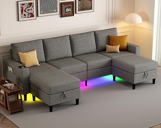Sectional Couches for Living Room, 4 Seat Sectional Sofa with Smart Module-Wireless Charging/USB/Type-C/RGB Light, U Shaped Couch with Reversible Chaise Lounge/Storage Ottoman (Light Grey)