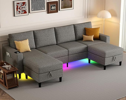 Sectional Couches for Living Room, 4 Seat Sectional Sofa with Smart Module-Wireless Charging/USB/Type-C/RGB Light, U Shaped Couch with Reversible Chaise Lounge/Storage Ottoman (Light Grey)