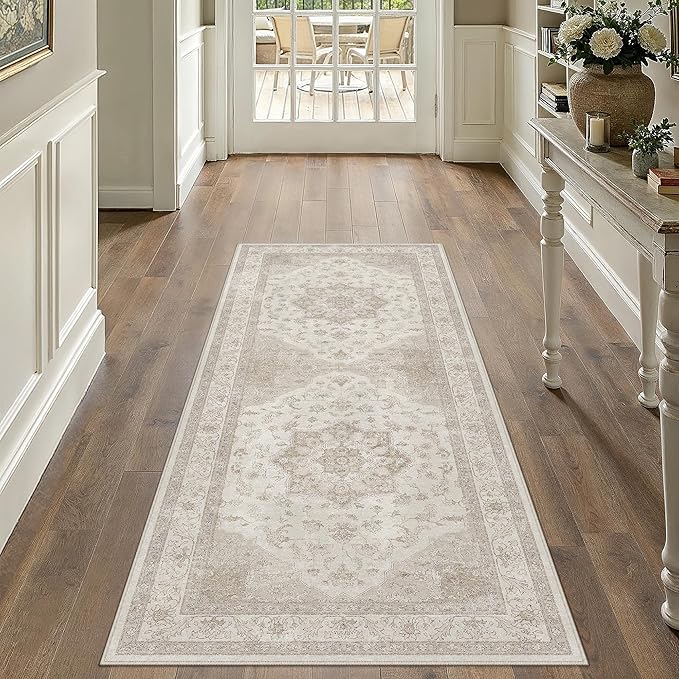 Beige Runner Rug 2x6 Washable Vintage Long Carpet for Hallway Kitchen Soft Retro Low Pile Thin Indoor Runner Non Slip Oriental Medallion Throw Rug for Bathroom Bedroom Laundry Dining Room