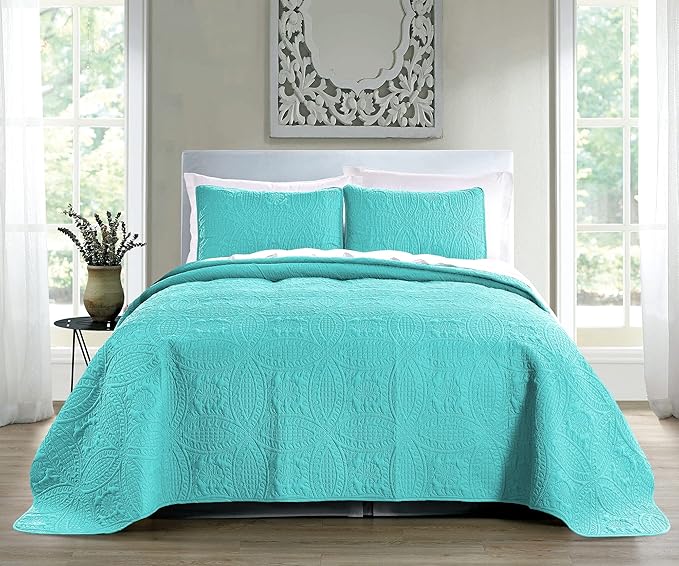 Pure Bedding Quilt Set Full/Queen Size Aqua - Oversized Bedspread - Soft Microfiber Lightweight Coverlet for All Season - 3 Piece Includes 1 Quilt and 2 Shams, Geometric Pattern