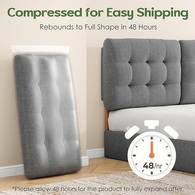 Tufted Upholstered King Headboard, King Size Headboard Only with Durable Solid Wood Legs, Modern Button Diamond Fabric Head Board with Adjustable Height from 39" to 44" and Width Adapters, Grey