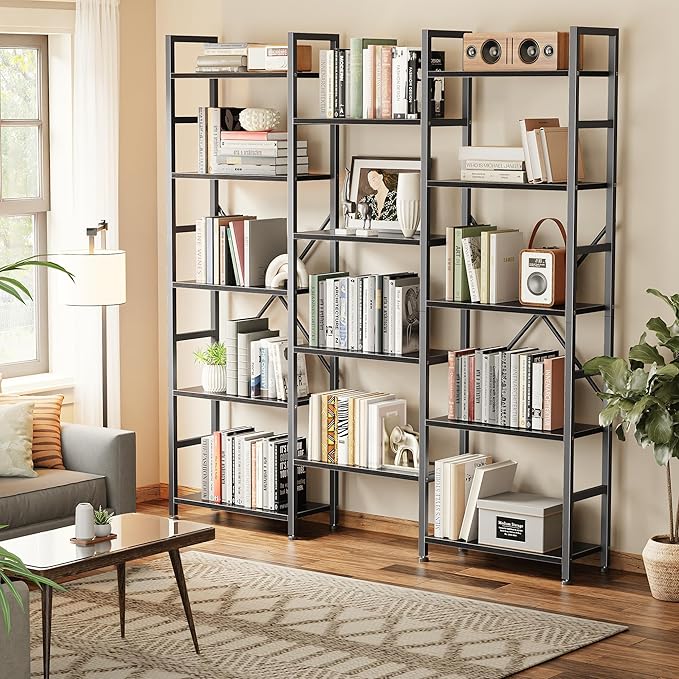 SUPERJARE Triple 5 Tier Bookshelf, Bookcase with 14 Open Display Shelves, Wide Book Shelf Book Case for Home & Office, Black