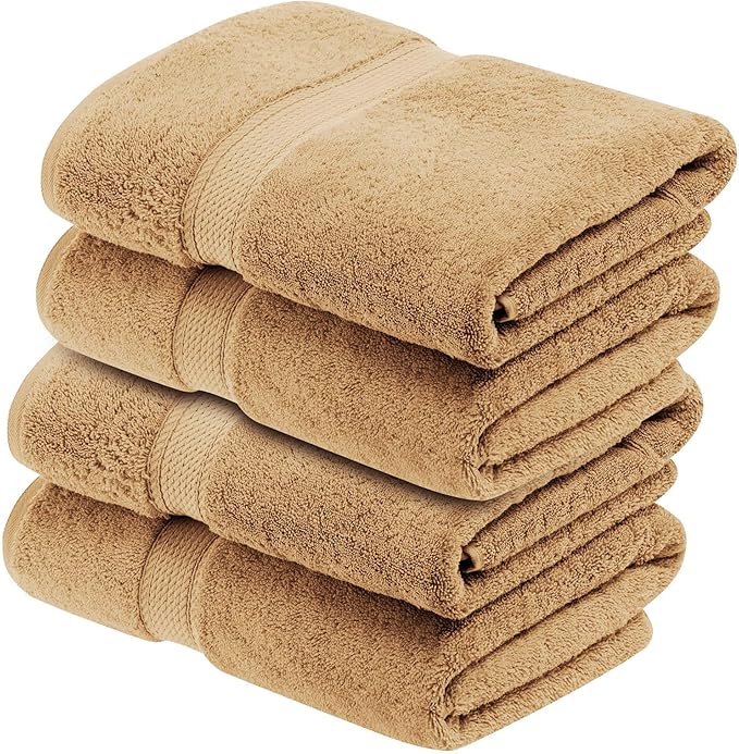 Superior Egyptian Cotton Pile Bath Towel Set of 4, Ultra Soft Luxury Towels, Thick Plush Essentials, Absorbent Heavyweight, Guest Bath, Hotel, Spa, Home Bathroom, Shower Basics, Toast