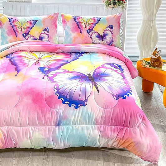 CVHOUSE Butterfly Bedding Set,Butterfly Comforter Full,Butterfly Comforter Set for Girls Kids Teens,Butterflies Quilt Set with 1 Comforter and 2 Pillow Cases