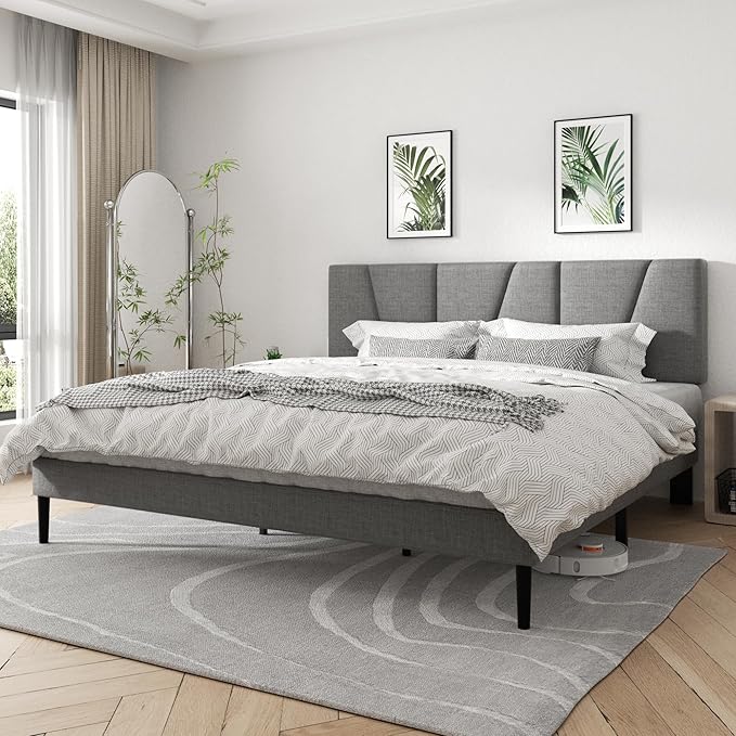 Full Size Platform Bed Frame with Geometric Upholstered Headboard, Noise Free, Wooden Slats Support, No Box Spring Needed, Easy Assembly, Dark Grey, Linen