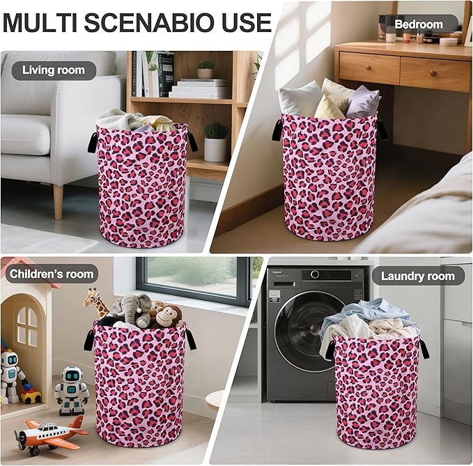 Pink Leopard Laundry Basket Foldable Oxford Cloth Tote Bag Laundry Hamper Clothes Storage Bucket Organizer For Bathroom/Laundry Storage/Bedroom 19.6x15.7 Inch