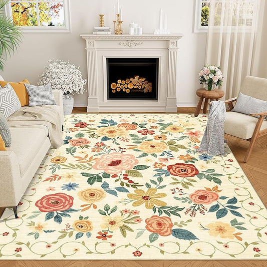 DUKINO 8x10 Area Rug, Floral Rugs for Living Room, Lightweight Non Slip Washable Rug, Indoor Low Pile & Non-Shedding Boho Design Rugs for Bedroom, Living Room, Dining Room, Beige Yellow