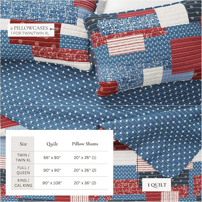 Great Bay Home 3-Piece Full/Queen Microfiber Quilt Set with Shams - Americana Patchwork Reversible Design - Lightweight, All-Season, Layerable Bedding Set