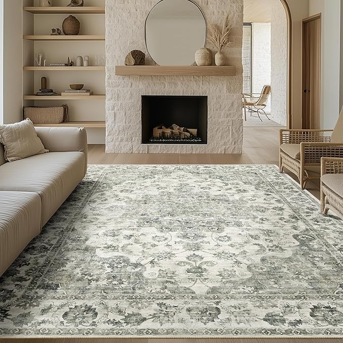 8x10 Washable Neutral Area Rug Green Vintage Living Room Bedroom Carpet Non-Slip Soft Low Pile Floral Indoor Large Throw Rug for Dining Room Office