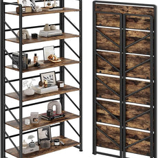 JSB No Assembly Folding Bookshelf, 6 Tier Industrial Metal Book Shelf for Storage, Vintage Wood Foldable Bookcase for Living Room, Bedroom, Office Organization Shelves