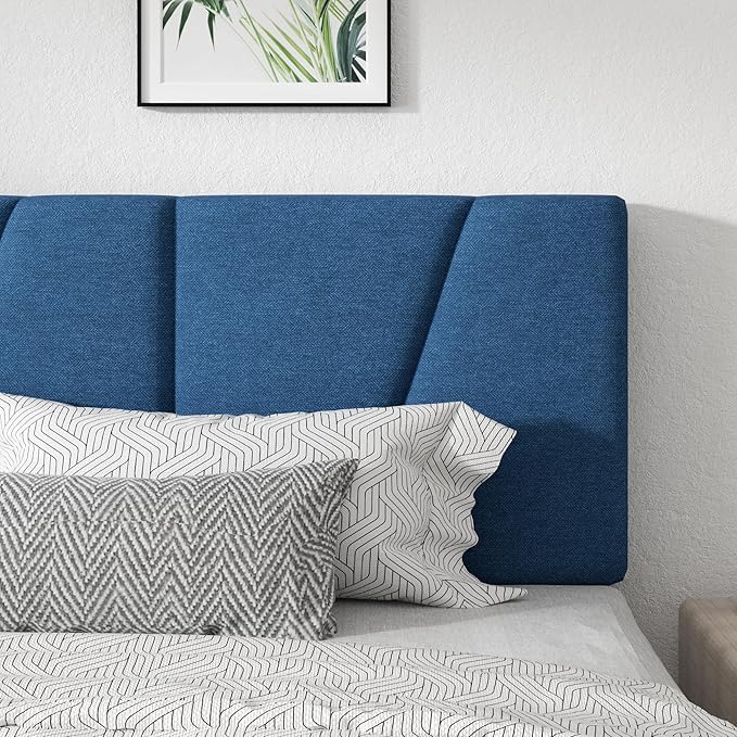 Full Size Platform Bed Frame with Geometric Upholstered Headboard, Noise Free, Wooden Slats Support, No Box Spring Needed, Easy Assembly, Blue, Linen