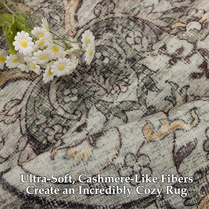 RCTJHOME 9'x12' Washable Area Rugs for Larger Living Room/Spacious Bedroom, Ultra Soft Non-Slip Accent Carpet, Dining Room,Larger Home Office, Low Pile Persian Rug Distress Floral Forest Green