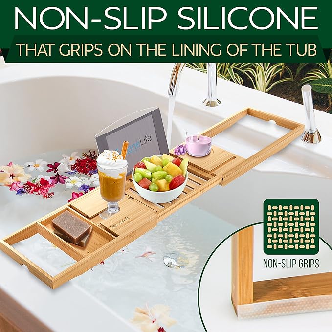 SereneLife Luxury Bamboo Bathtub Caddy Tray - Adjustable Natural Wood Bath Tub Organizer with Wine Holder, Cup Placement, Soap Dish, Book Space & Phone Slot for Spa, Bathroom & Shower - SLBCAD20