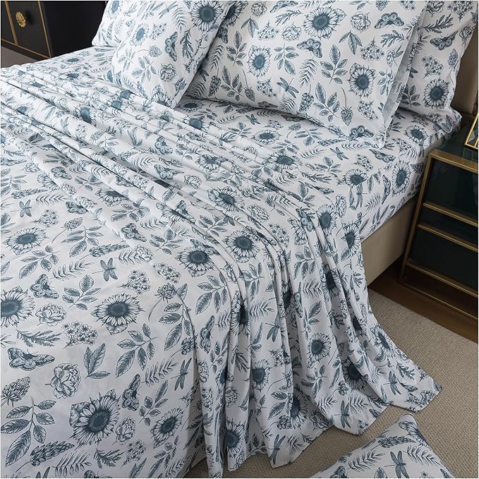 FADFAY Butterfly Sheets Set Queen Blue and White Sunflower Bedding Vintage Botanical Rose Floral Sheets Shabby Rustic Leaves Bedding 100% Percale Cotton Breathable Soft Deep Pocket 4Pcs, Queen Size