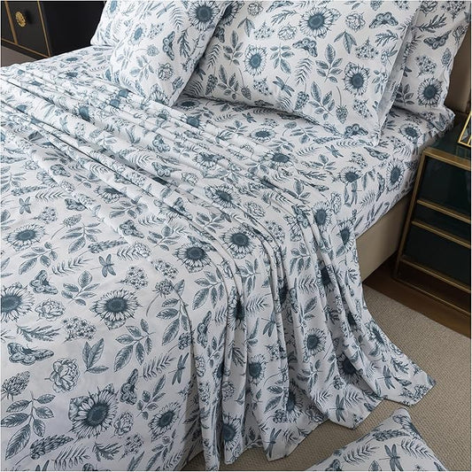 FADFAY Butterfly Sheets Set King Blue and White Sunflower Bedding Vintage Botanical Rose Floral Sheets Shabby Rustic Leaves Bedding 100% Percale Cotton Breathable Soft Deep Pocket 4Pcs, King Size