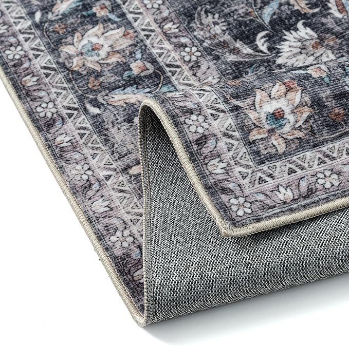2x3 Washable Vintage Area Rug Black Grey Entryway Kitchen Carpet Non-Slip Soft Low Pile Distressed Indoor Small Throw Rug for Bedroom Bathroom Entrance