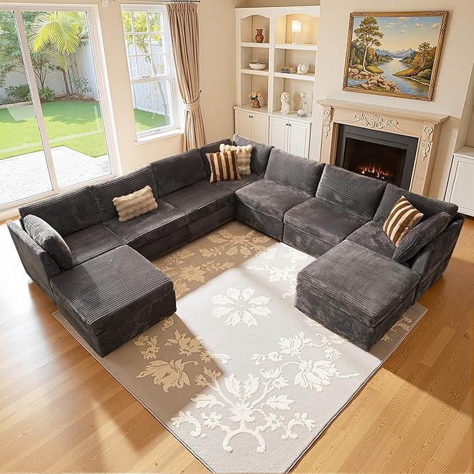 Large 9 Seat Modular Sectional Sofa with Ottoman Seat Corduroy Sleeper Sectional Sofa Bed Oversized Convertible Modular Couch for Living Room