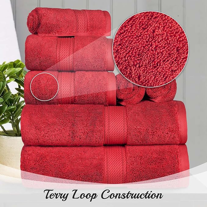Superior Egyptian Cotton Pile Bath Towel Set of 4, Ultra Soft Luxury Towels, Thick Plush Essentials, Absorbent Heavyweight, Guest Bath, Hotel, Spa, Home Bathroom, Shower Basics, Red