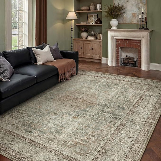 Sage Area Rug 6x9 for Living Room Washable Vintage Carpet Low Pile Non Slip Distressed Soft Traditional Retro Oriental Large Accent Throw Rug Office Bedroom Dining Room Playroom