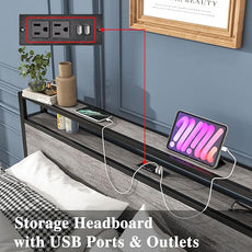 HOJINLINERO Queen Bed Frame with Storage Headboard/Power Outlets/USB Ports Charging Station,Metal Bed Frame Queen Size No Box Spring Needed,Under Bed Storage,Easy Assembly,Warm Grey