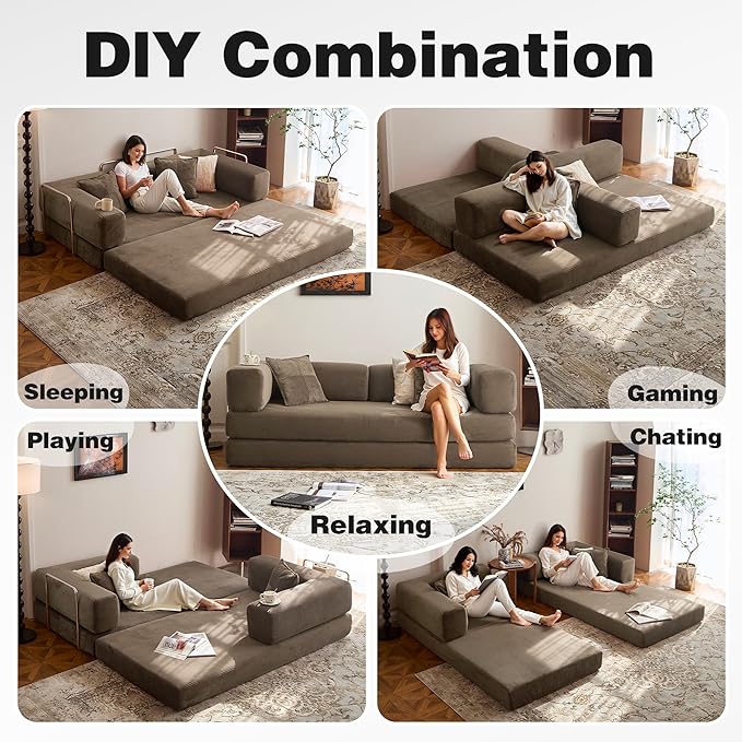 78.8" Convertible Sofa Bed -Compression Sofa with Corduroy Fabric - with Armrests and Backrest - Modular Sectional for Living Room, Bedroom, Studio - Compression Sofa in Box (Brown)