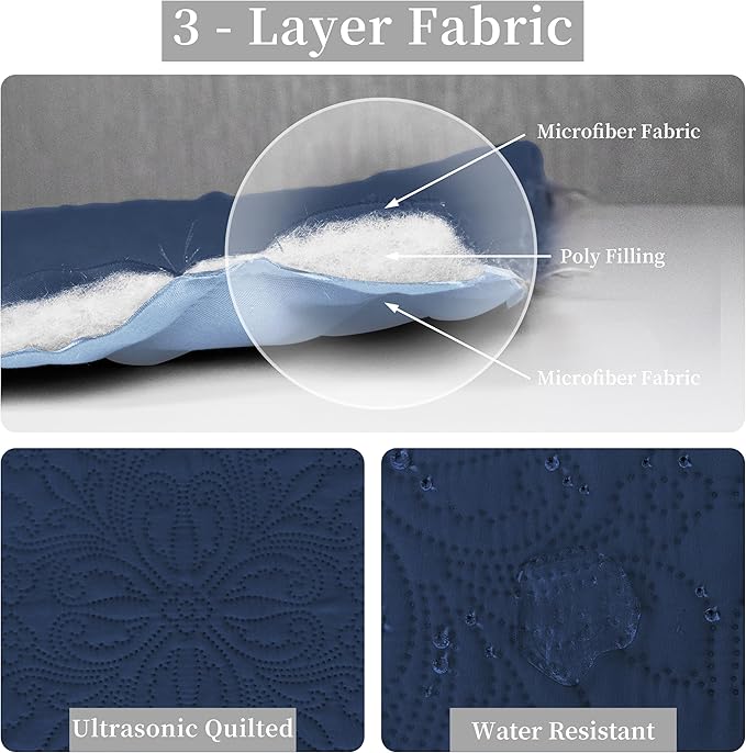 Easy-Going Twin Size Reversible Quilt Set with 1 Quilt and 1 Pillow Sham, Soft Bed Quilt Cover, Water Resistant Lightweight Microfiber Bedspread, Stain Resistant, Damask-Dark Blue/Light Blue